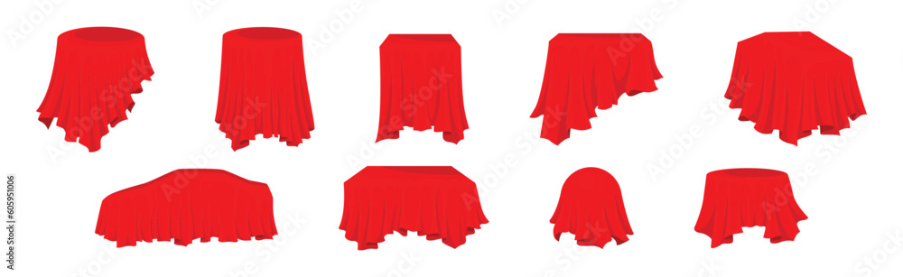 Poster red silk cloth or smooth fabric covering different objects vector set