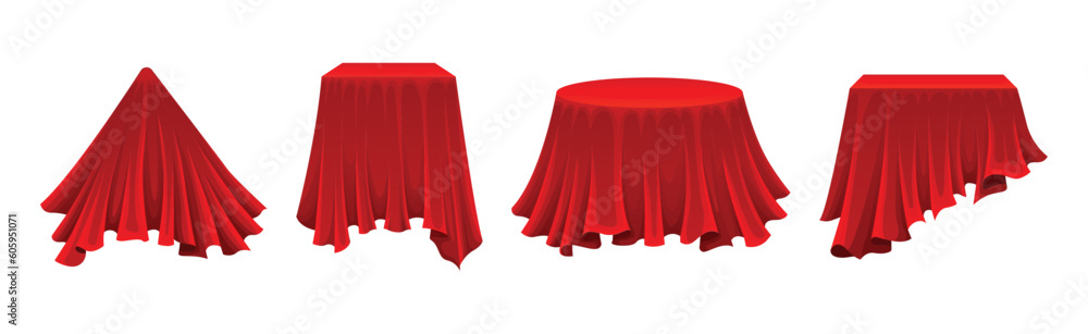 Poster red silk cloth or smooth fabric covering different objects vector set
