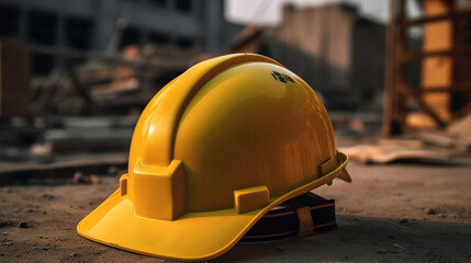 The Yellow Construction Helmet Amidst a Picturesque Construction Yard. Generative AI