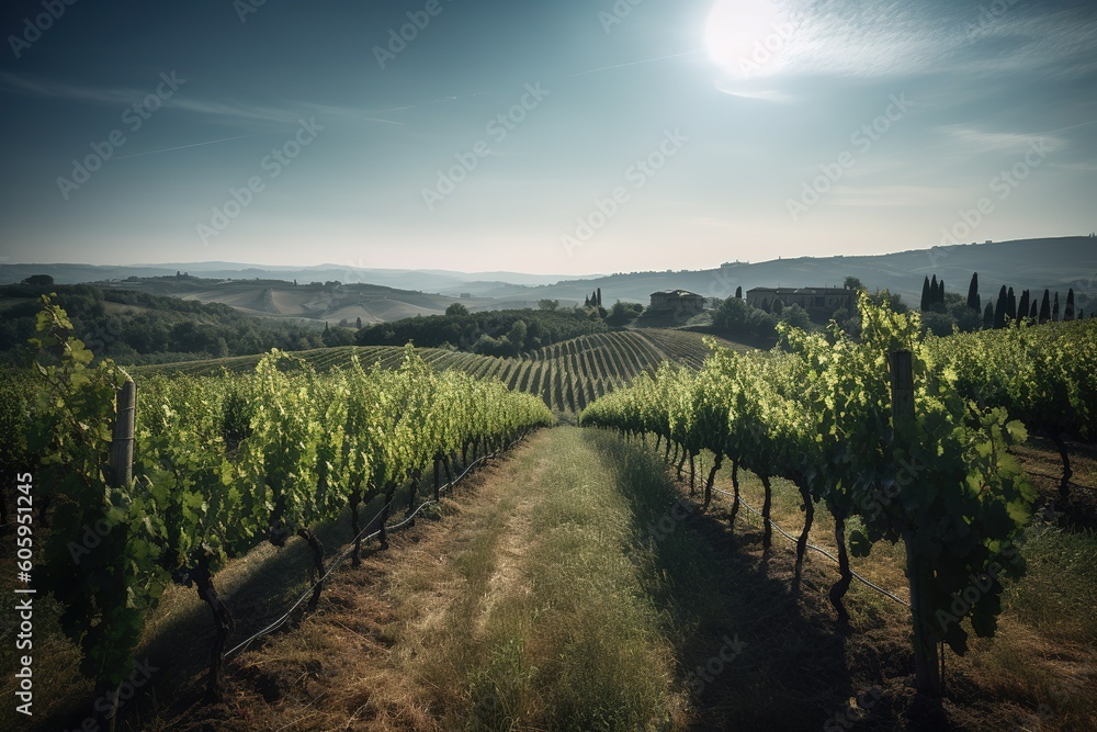 Poster a vineyard with the individual vines arranged in rows in the front generative ai