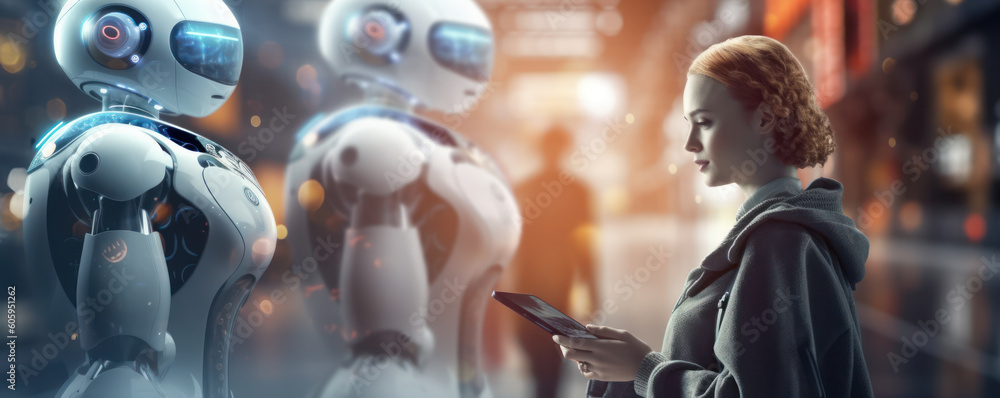Aufkleber artificial intelligence chatbot: woman and robot in conversation. generative ai
