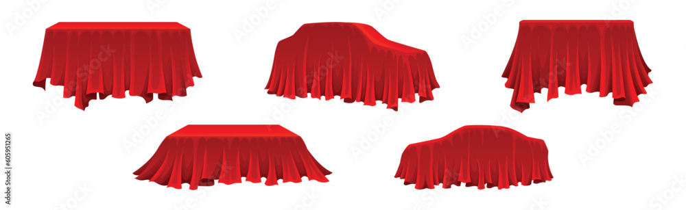 Poster red silk cloth or smooth fabric covering different objects vector set