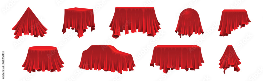 Poster red silk cloth or smooth fabric covering different objects vector set