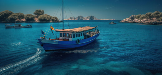 Fototapeta premium Daily Blue Boat Trip Voyage. Generative AI