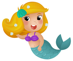 cartoon scene with happy young mermaid swimming on white background illustration for children