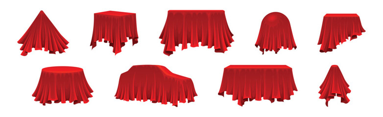 Red Silk Cloth or Smooth Fabric Covering Different Objects Vector Set