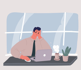 Vector illustration of Young boaring man sitting at table in office