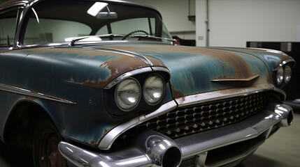 Immerse yourself in the world of automotive restoration at a captivating showcase, where dedicated experts revive and transform classic cars. Generated by AI.