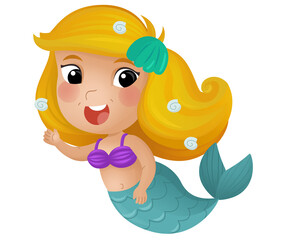 cartoon scene with happy young mermaid swimming on white background illustration for children