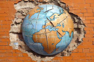 a globe on a city wall, symbolizing the futile attempts at healing. generative AI