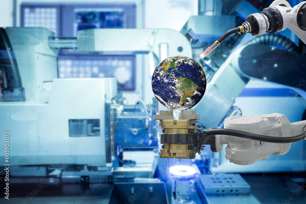 Poster close-up industrial gripping and welding robotic working with globe earth to upgrade a new globe wit