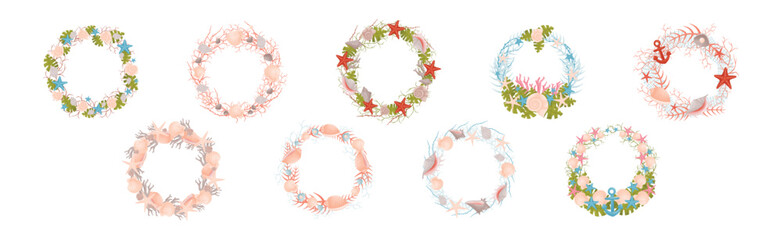 Decorative Sea Wreath Arranged of Shells and Conch from Ocean Bottom Vector Set