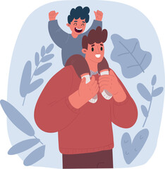 Vector illustration of Dad and son working on home renovation and fixing. Kid sitting on fathers neck