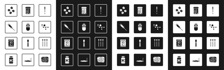 Set Pipette, Medicine pill or tablet, Syringe, Cannabis molecule, bottle and pills, Matches and Cigarettes pack box icon. Vector