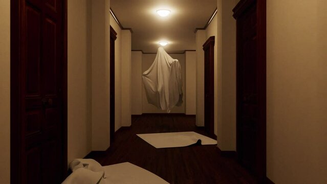Floating ghost under sheet. Computer generated render of ghost and hallway. matte included. 1920x1080