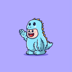 cute kid wearing blue monster costume trex dinosaur cartoon