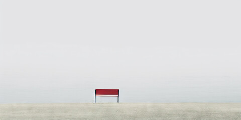 Minimalistic loneliness concept. Red bench and misty sea. Generative AI
