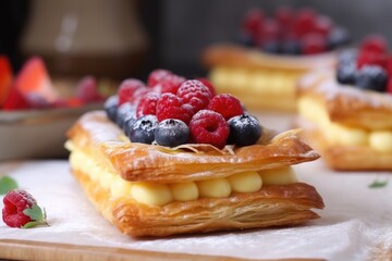 tarte flaky puff pastry with berry and custard filling, created with generative ai