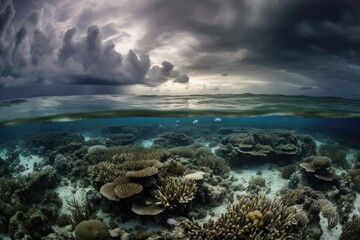Fototapeta na wymiar coral reef under stormy skies, with thunder and lightning, created with generative ai