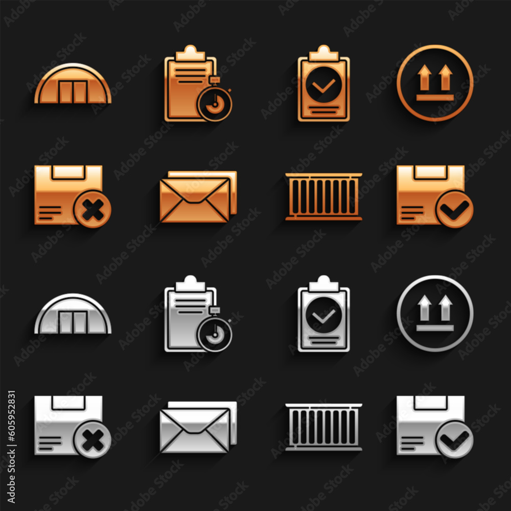 Poster set envelope, this side up, package box with check mark, container, carton cardboard and delete, ver