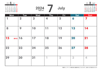 令和6年 2024年7月　月曜始まり卓上カレンダー素材イラスト　テンプレートデータ　ベクターデータ - obrazy, fototapety, plakaty