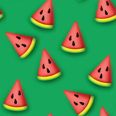 Seamless Pattern with Colorful Cute Watermelon Slice in Modern Plastic Style. Trendy Cartoon Texture. Realistic Object. Modern Concept. Vector 3d Illustration