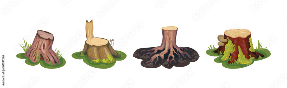 Poster tree stump and old forest stub on green grass vector set
