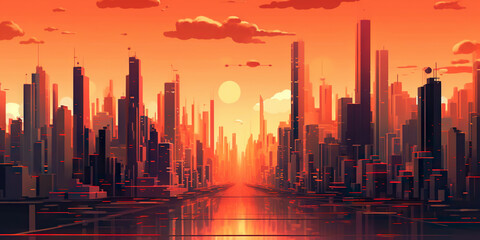Fototapeta na wymiar Panoramic cityscape in cyberpunk futuristic style. Towering skyscrapers in neon retrowave colors. Generative AI
