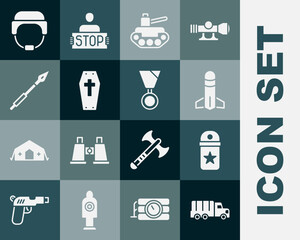 Set Military truck, Chevron, Rocket, tank, Coffin with cross, Medieval spear, helmet and reward medal icon. Vector
