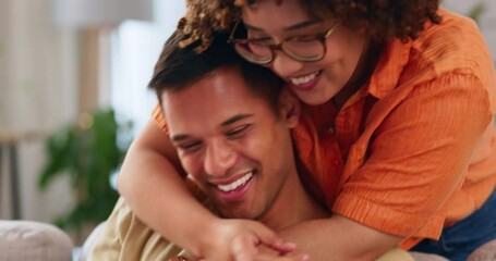 Love, hug and happy couple on sofa with phone, meme and happiness in marriage in apartment. Smile, man and woman embrace on couch in living room, romance and quality time for bonding together in home