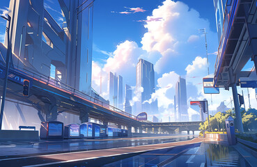 Naklejka premium futuristic city with sleek buildings, anime art. generative AI