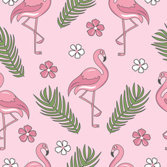 Seamless pattern with pink flamingo, flowers and tropical leaves. 