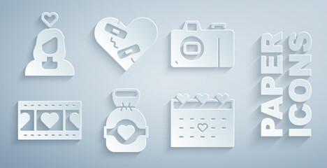 Set Chocolate candy, Photo camera, Play Video with heart, Calendar, Healed broken and Couple in love icon. Vector