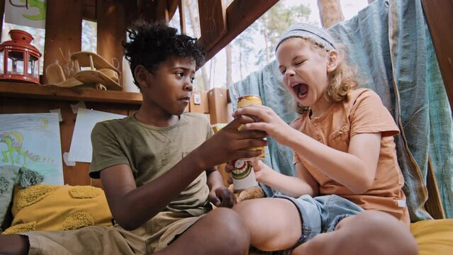 Low angle of African American and Caucasian elementary age boys drinking canned soda drinks exchanging them with each other in treehouse