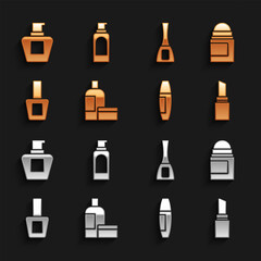 Set Cream or lotion cosmetic tube, Antiperspirant deodorant roll, Lipstick, Mascara brush, Nail polish bottle, and Spray can for hairspray icon. Vector
