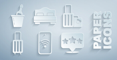 Set Mobile with wi-fi wireless, Suitcase, Five stars rating review, Hotel room bed and Champagne an ice bucket icon. Vector
