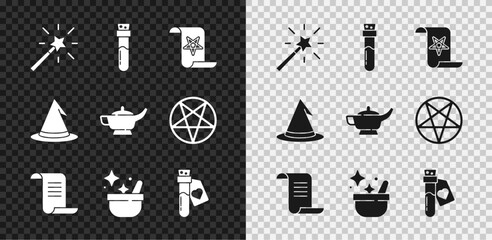 Set Magic wand, Bottle with potion, Ancient magic book, Witch cauldron, love, hat and lamp or Aladdin icon. Vector