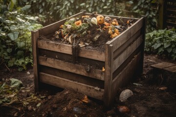 compost bin overflowing with rich, dark soil, created with generative ai