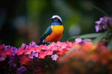 Obraz premium colorful bird perched on blooming flowers in garden, created with generative ai