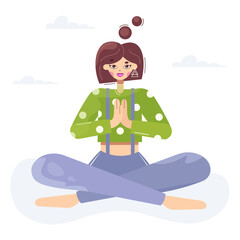 Yoga fitness concept. Silhouette of a woman performing asana for the International Day of Yoga. Girl in the lotus position. Nature. Vector isolated illustration. Flat style.