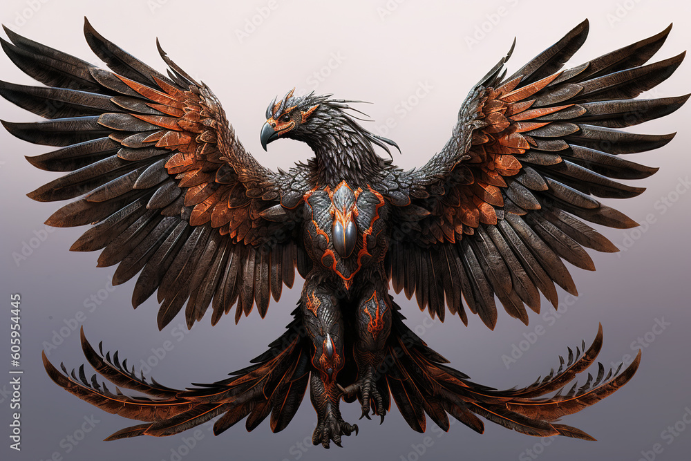 Poster a statue of a bird with its wings spread. generative ai.