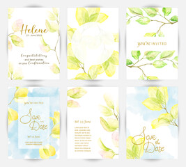 Fototapeta na wymiar Greenery foliage set of invitations or thank you cards. Watercolor drawing of tree branches. Vibrant yellow and green hues of young leaves.
