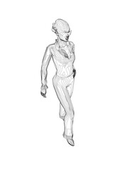 The contour of a girl in sunglasses stands with her leg forward and her hand on her hip. Silhouette standing woman in sunglasses. Stylized contemporary portrait model. Girl in trendy clothes. Vector.