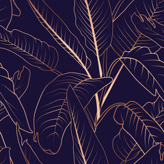 Tropical strelitzia gold copper leaves, banana palm leaves, dark blue background. Vector  seamless pattern. Jungle foliage illustration. Exotic plants. Summer beach floral design. Paradise nature - 605954443