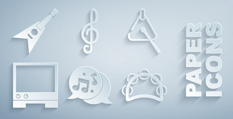 Set Music note, tone, Triangle, Voice assistant, Tambourine, Treble clef and Electric bass guitar icon. Vector
