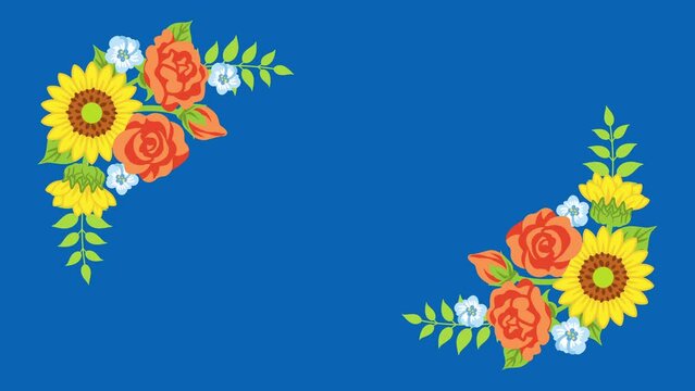 Animation of a corner frame with blooming sunflower decorations - blue background