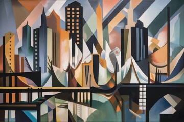 cubist painting of cityscape, with skyscrapers and bridges visible, created with generative ai