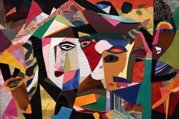 cubist collage, made with pieces of fabric, paper and other materials, created with generative ai