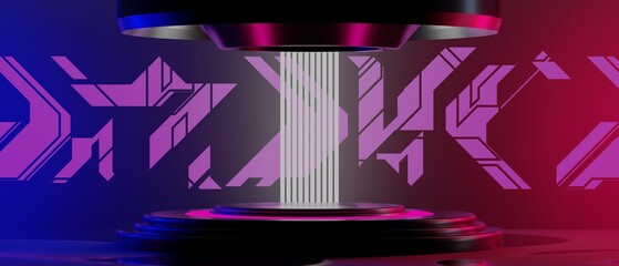 3d illustration rendering of futuristic cyberpunk city, gaming scifi stage display pedestal background, gamer banner sign of neon glow stand podium