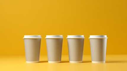 blank gray paper cups on a yellow background Generative AI